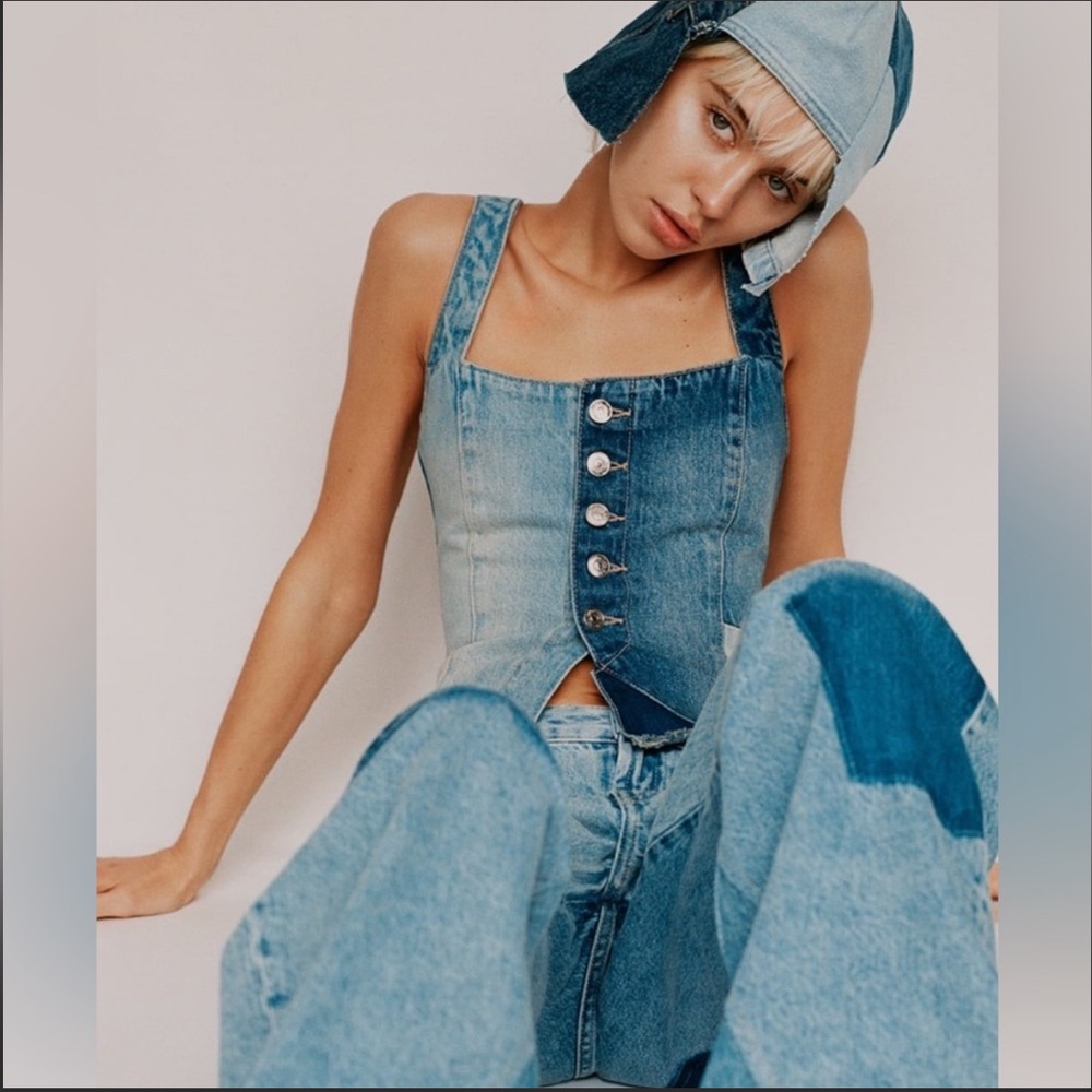 Zara denim patchwork vest S (XS fit). NWOT